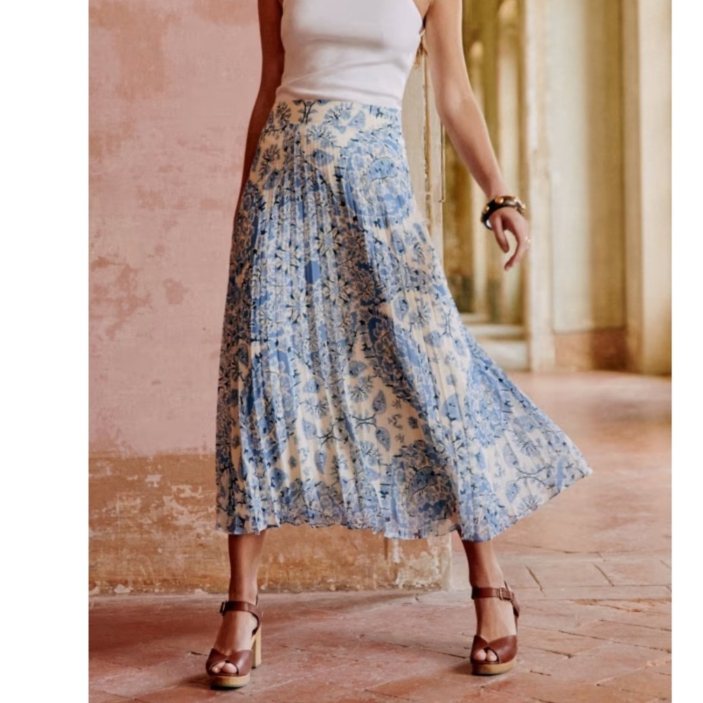 Sezane Blue White Floral Toile Pleated Midi Skirt Size 36 High Waisted A-Line